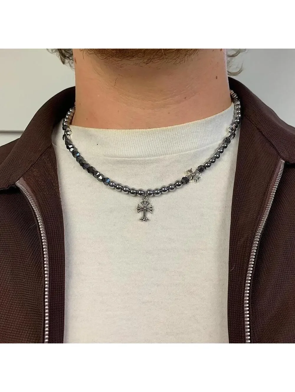 Cyber y2k 2000s style grunge chrome pearl rhinestone silver cross pendant Cuban